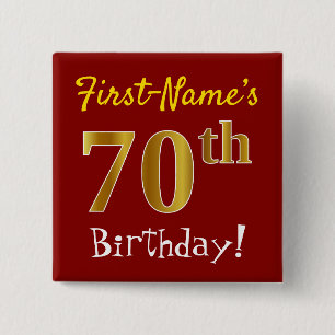 Red, Faux Gold 70th Birthday, With Custom Name 15 Cm Square Badge