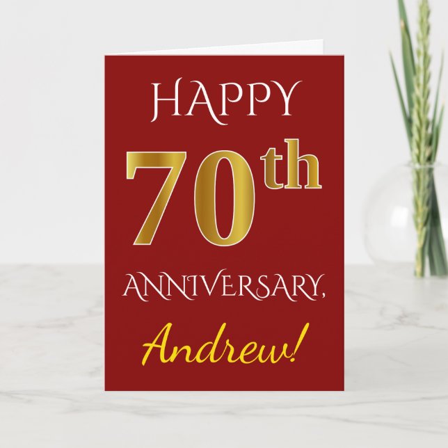 Red, Faux Gold 70th Wedding Anniversary + Name Card (Front)