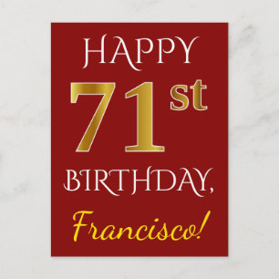 Red, Faux Gold 71st Birthday + Custom Name Postcard