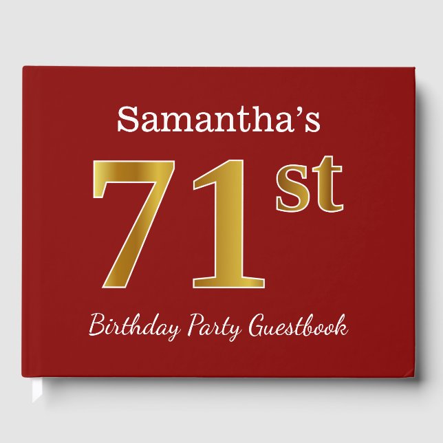 Red, Faux Gold 71st Birthday Party + Custom Name Guest Book (Front)