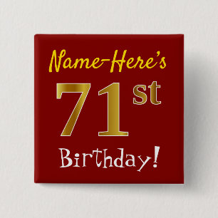 Red, Faux Gold 71st Birthday, With Custom Name 15 Cm Square Badge