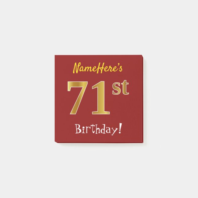 Red, Faux Gold 71st Birthday, With Custom Name Post-it Notes (Front)