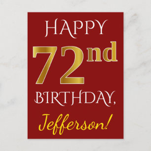 Red, Faux Gold 72nd Birthday + Custom Name Postcard