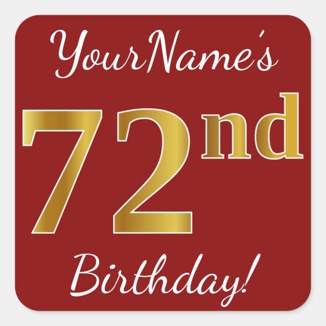 Red, Faux Gold 72nd Birthday + Custom Name Sticker (Front)