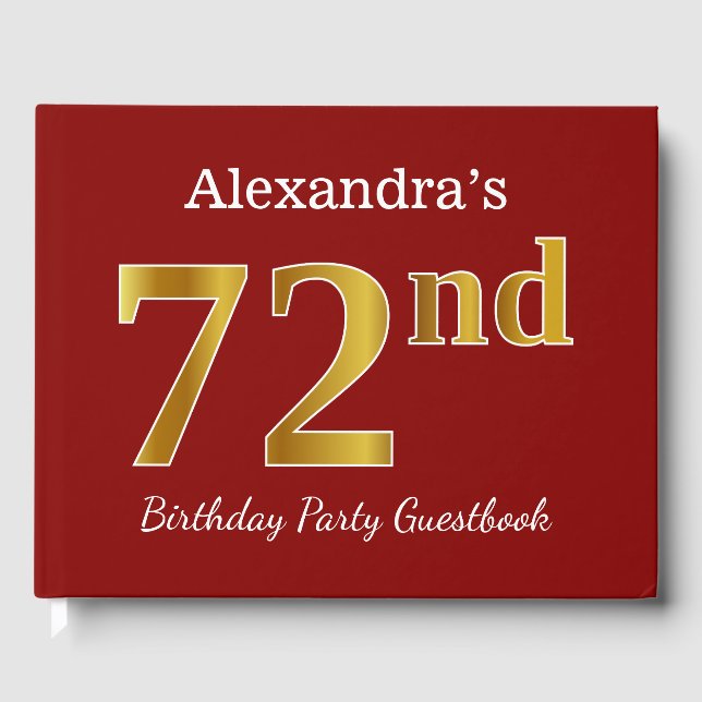 Red, Faux Gold 72nd Birthday Party + Custom Name Guest Book (Front)