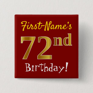 Red, Faux Gold 72nd Birthday, With Custom Name 15 Cm Square Badge
