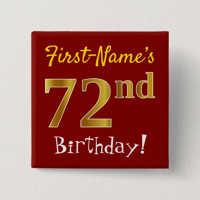 Red, Faux Gold 72nd Birthday, With Custom Name 15 Cm Square Badge (Front)