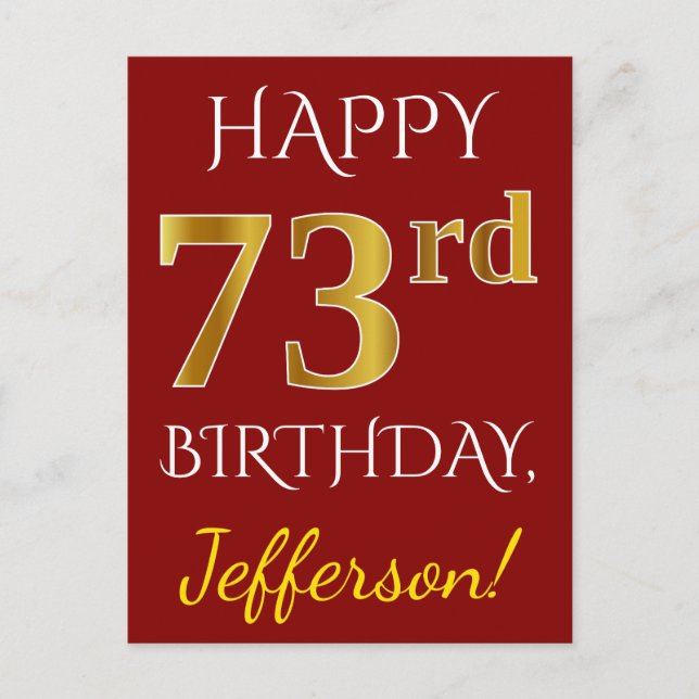 Red, Faux Gold 73rd Birthday + Custom Name Postcard (Front)
