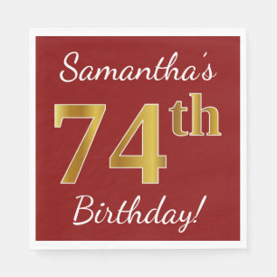 Red, Faux Gold 74th Birthday + Custom Name Napkin