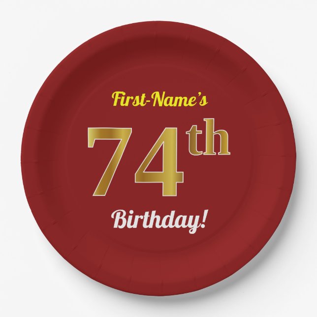 Red, Faux Gold 74th Birthday + Custom Name Paper Plate (Front)