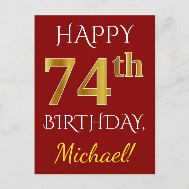 Red, Faux Gold 74th Birthday + Custom Name Postcard (Front)