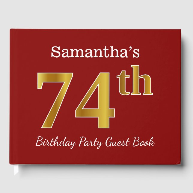 Red, Faux Gold 74th Birthday Party + Custom Name Guest Book (Front)