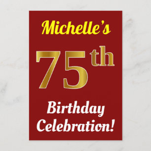 Red, Faux Gold 75th Birthday Celebration + Name Invitation