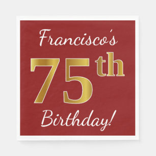 Red, Faux Gold 75th Birthday + Custom Name Napkin