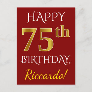 Red, Faux Gold 75th Birthday + Custom Name Postcard