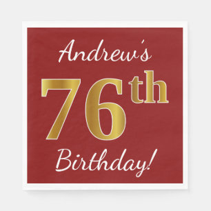 Red, Faux Gold 76th Birthday + Custom Name Napkin