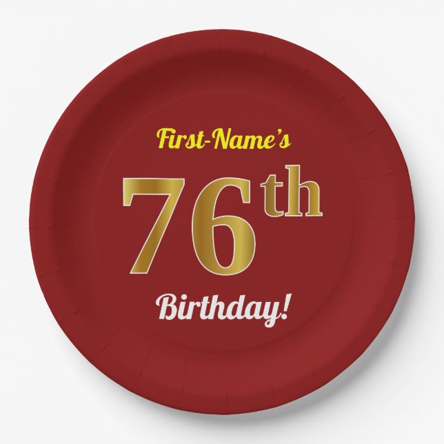 Red, Faux Gold 76th Birthday + Custom Name Paper Plate (Front)