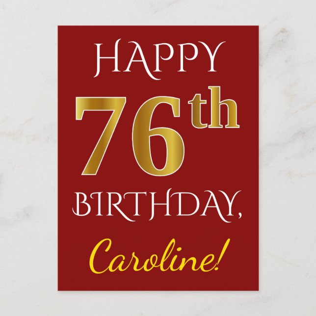 Red, Faux Gold 76th Birthday + Custom Name Postcard (Front)