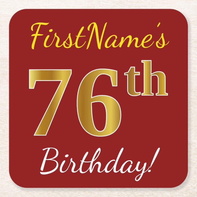 Red, Faux Gold 76th Birthday + Custom Name Square Paper Coaster (Front)