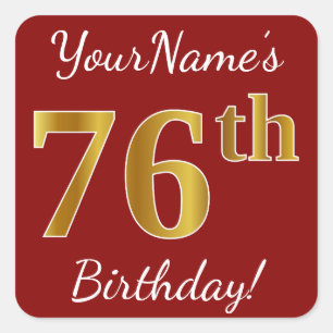 Red, Faux Gold 76th Birthday + Custom Name Sticker