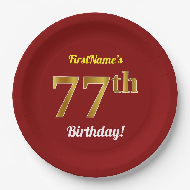 Red, Faux Gold 77th Birthday + Custom Name Paper Plate (Front)