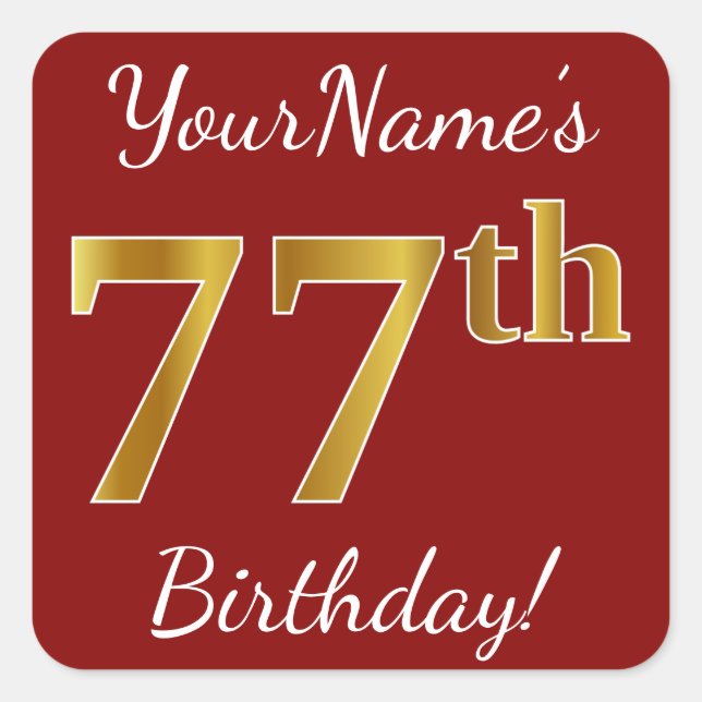 Red, Faux Gold 77th Birthday + Custom Name Sticker (Front)