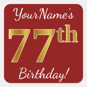 Red, Faux Gold 77th Birthday + Custom Name Sticker