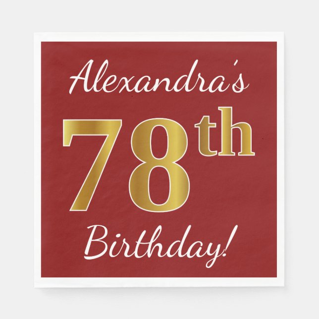 Red, Faux Gold 78th Birthday + Custom Name Napkin (Front)