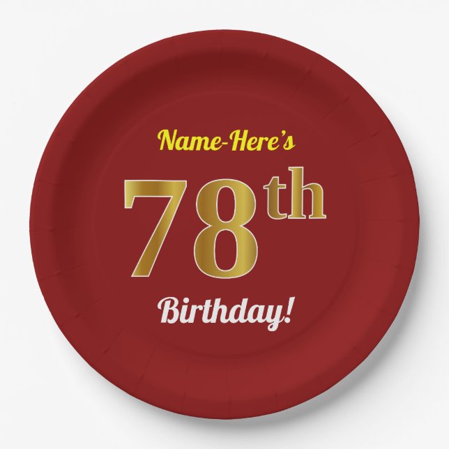 Red, Faux Gold 78th Birthday + Custom Name Paper Plate (Front)