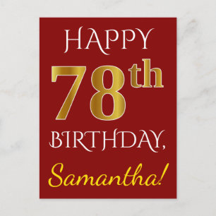 Red, Faux Gold 78th Birthday + Custom Name Postcard