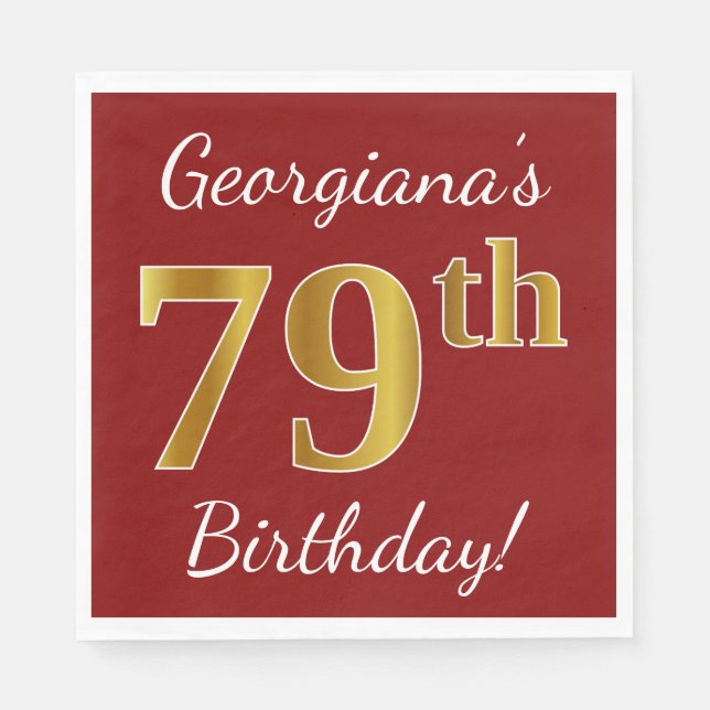 Red, Faux Gold 79th Birthday + Custom Name Napkin (Front)