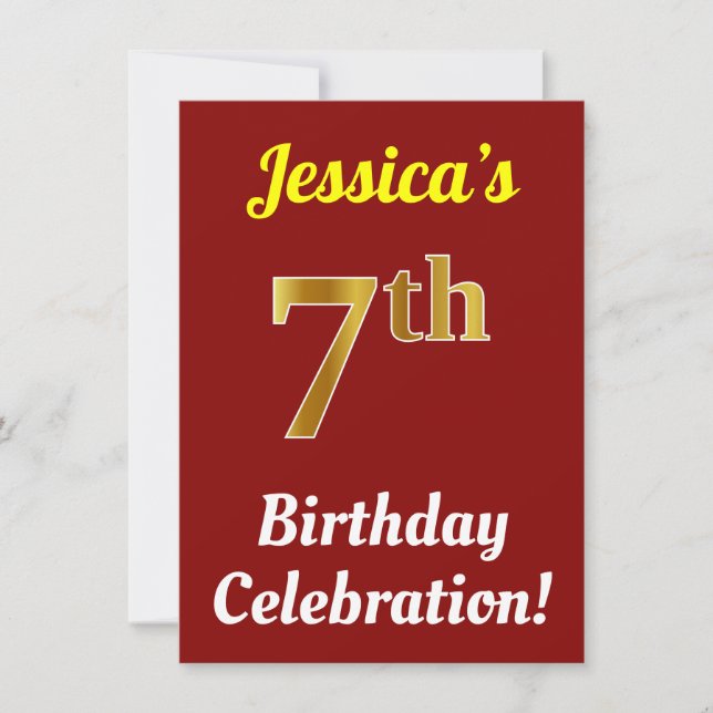 Red, Faux Gold 7th Birthday Celebration + Name Invitation (Front)