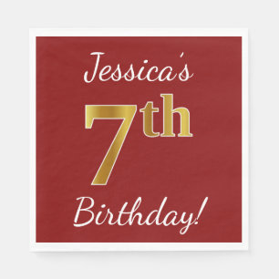Red, Faux Gold 7th Birthday + Custom Name Napkin