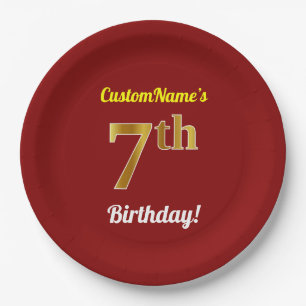 Red, Faux Gold 7th Birthday + Custom Name Paper Plate