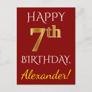 Red, Faux Gold 7th Birthday + Custom Name Postcard