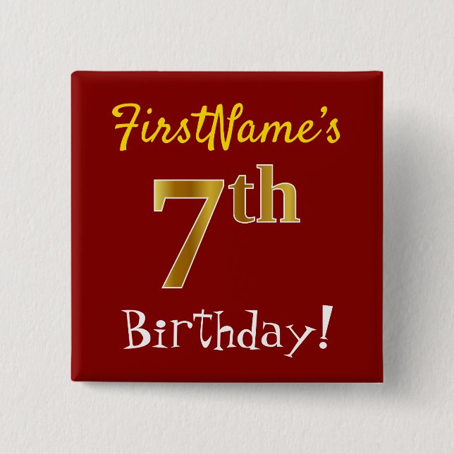 Red, Faux Gold 7th Birthday, With Custom Name 15 Cm Square Badge (Front)