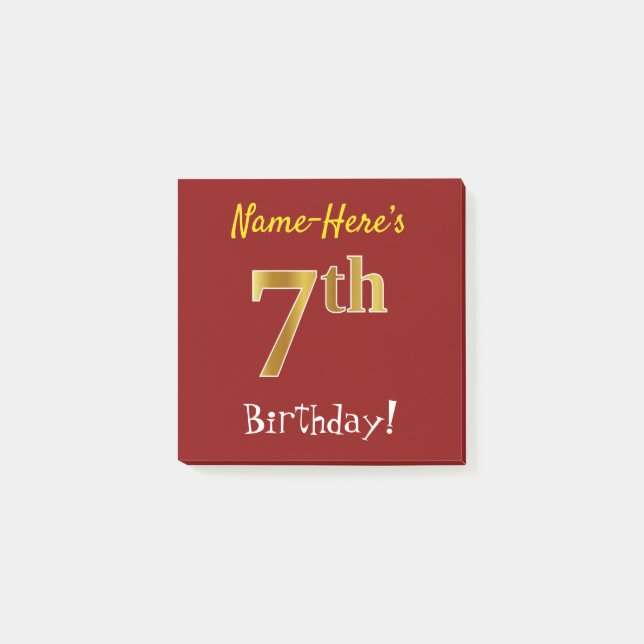 Red, Faux Gold 7th Birthday, With Custom Name Post-it Notes (Front)