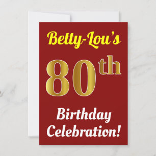 Red, Faux Gold 80th Birthday Celebration + Name Invitation