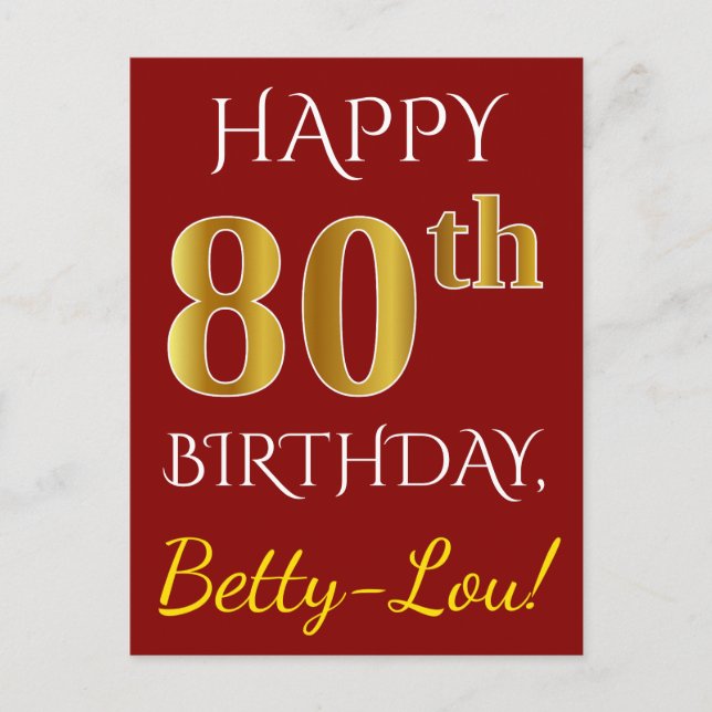 Red, Faux Gold 80th Birthday + Custom Name Postcard (Front)