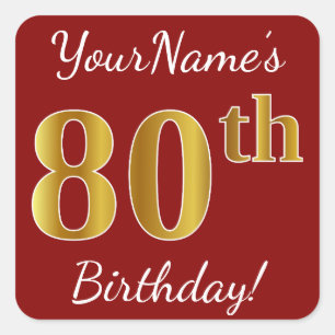 Red, Faux Gold 80th Birthday + Custom Name Sticker