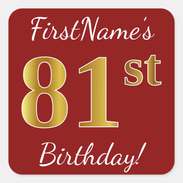 Red, Faux Gold 81st Birthday + Custom Name Sticker (Front)
