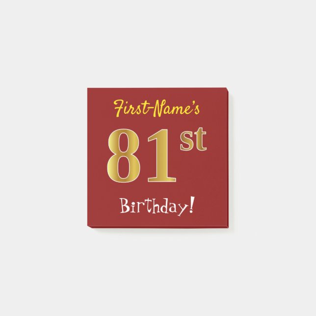 Red, Faux Gold 81st Birthday, With Custom Name Post-it Notes (Front)