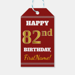 Red, Faux Gold 82nd Birthday + Custom Name Gift Tags