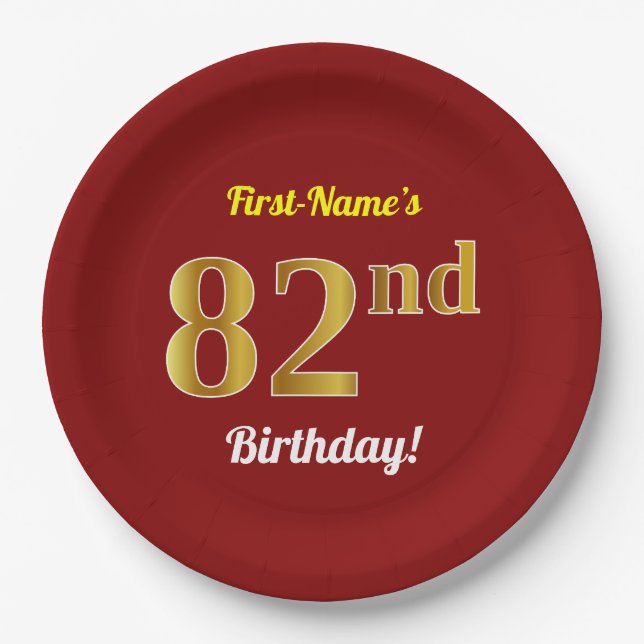 Red, Faux Gold 82nd Birthday + Custom Name Paper Plate (Front)