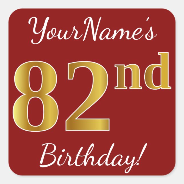 Red, Faux Gold 82nd Birthday + Custom Name Sticker (Front)