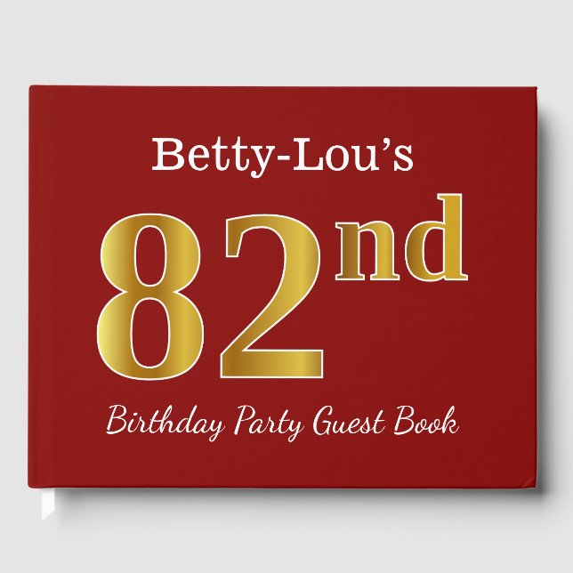 Red, Faux Gold 82nd Birthday Party + Custom Name Guest Book (Front)