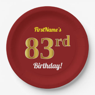 Red, Faux Gold 83rd Birthday + Custom Name Paper Plate