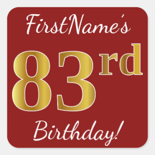 Red, Faux Gold 83rd Birthday + Custom Name Sticker