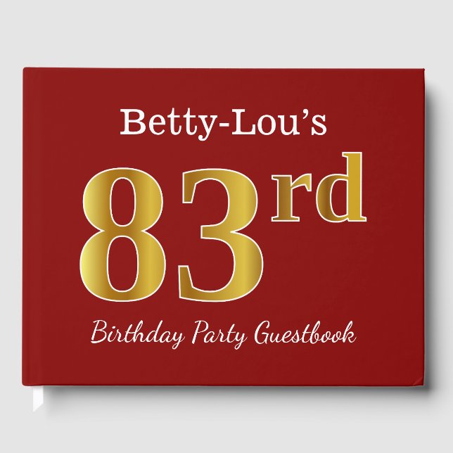 Red, Faux Gold 83rd Birthday Party + Custom Name Guest Book (Front)
