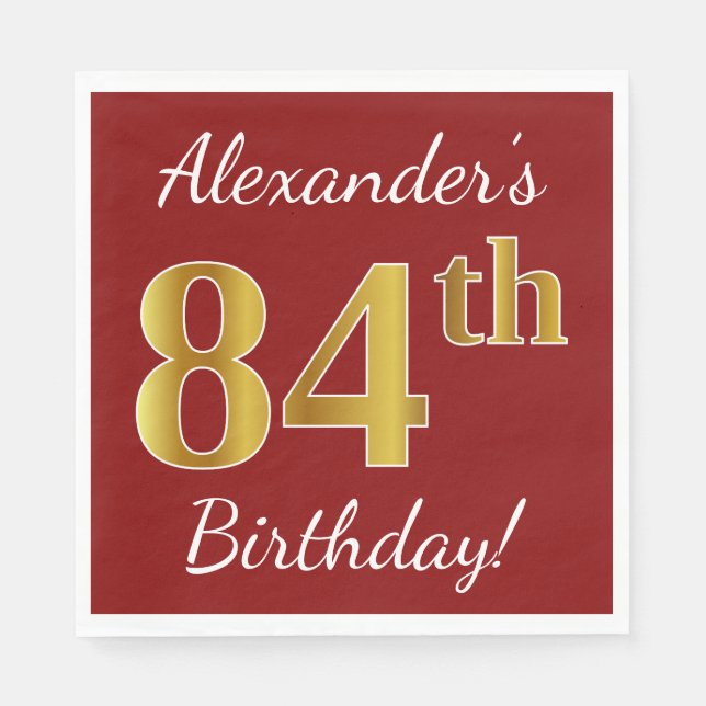 Red, Faux Gold 84th Birthday + Custom Name Napkin (Front)